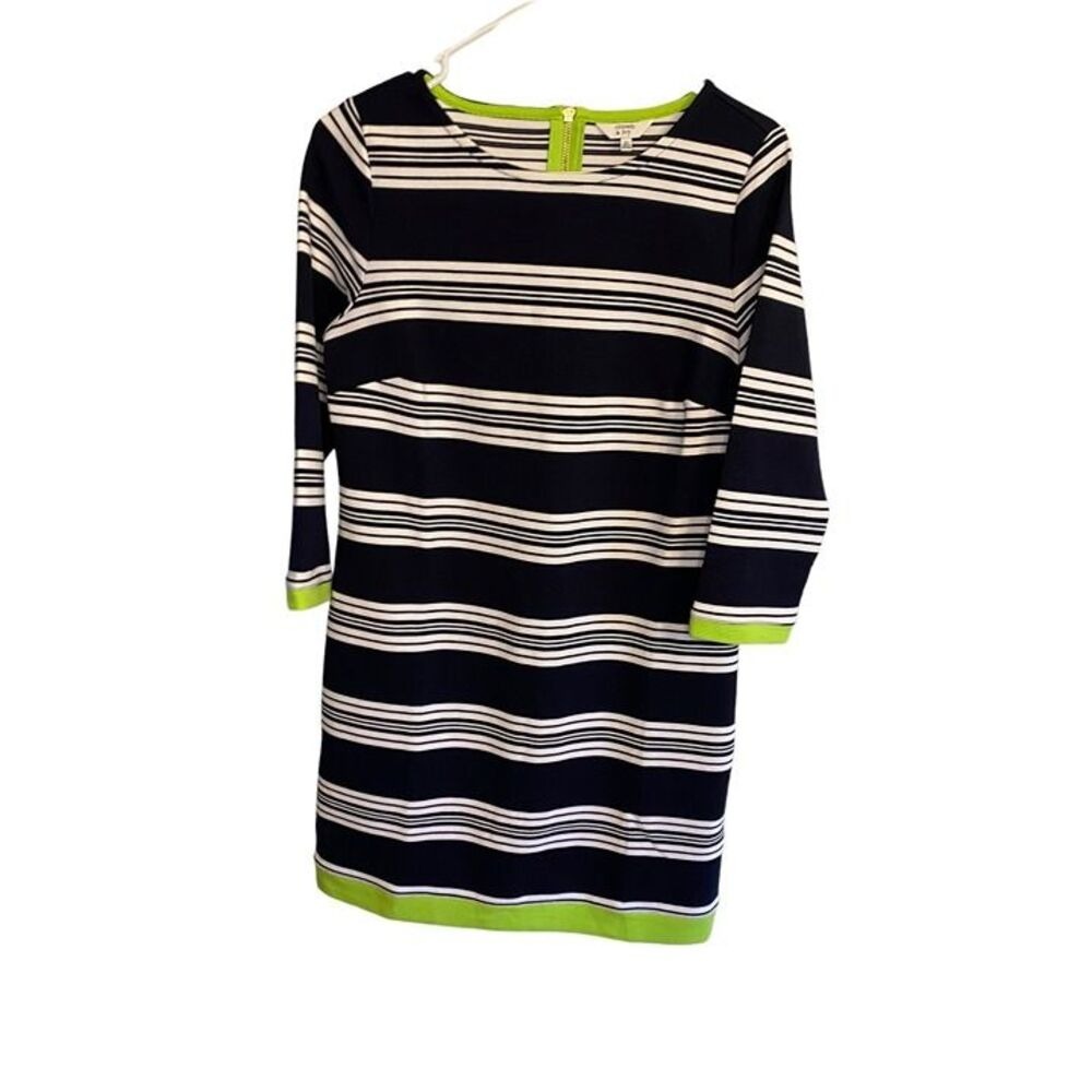 Crown & Ivy Navy White Striped Dress Lime Green Trim XS Exposed Zip Nautical